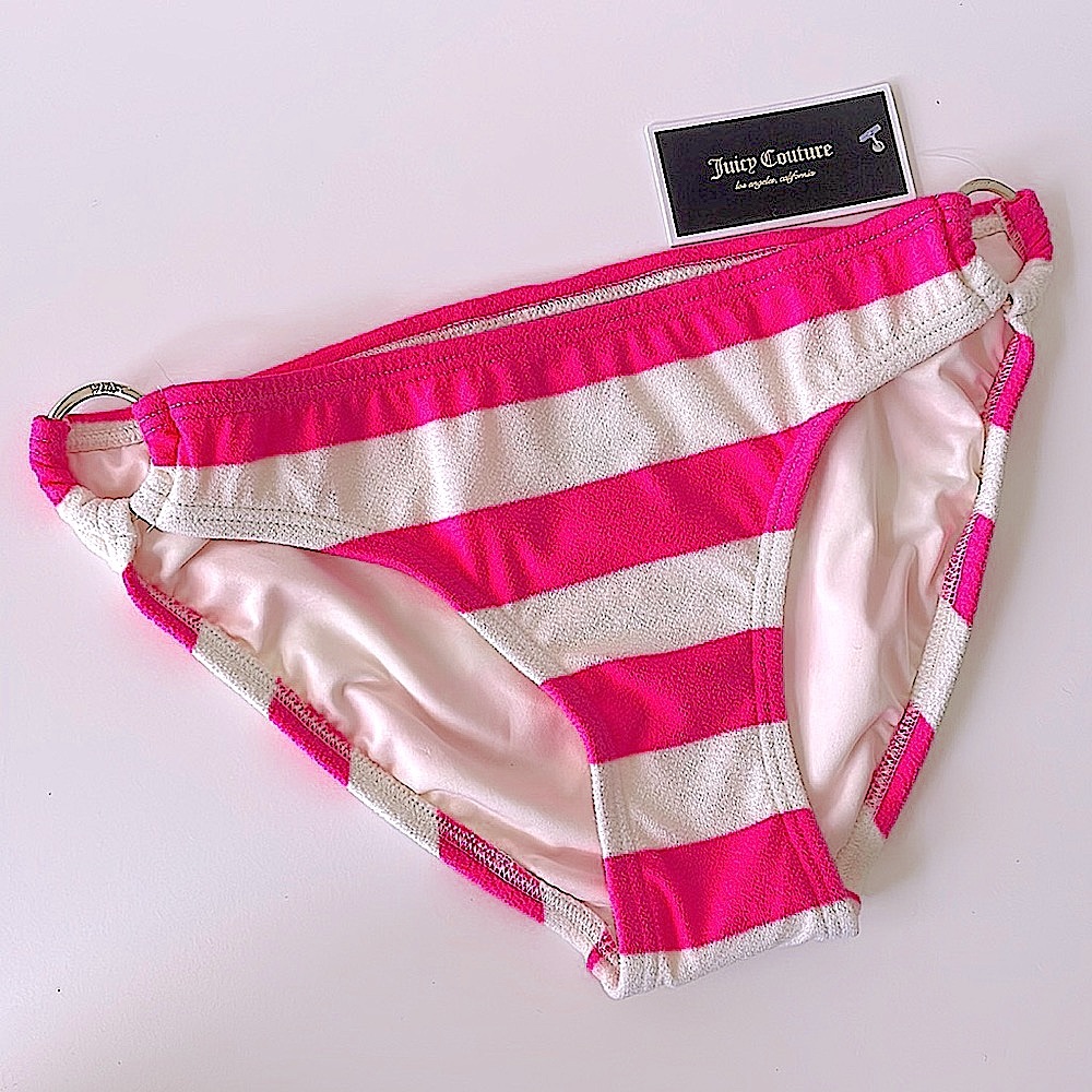 NWT neon pink & ivory striped gold ring sides towel ruchedlined swim bottoms M
